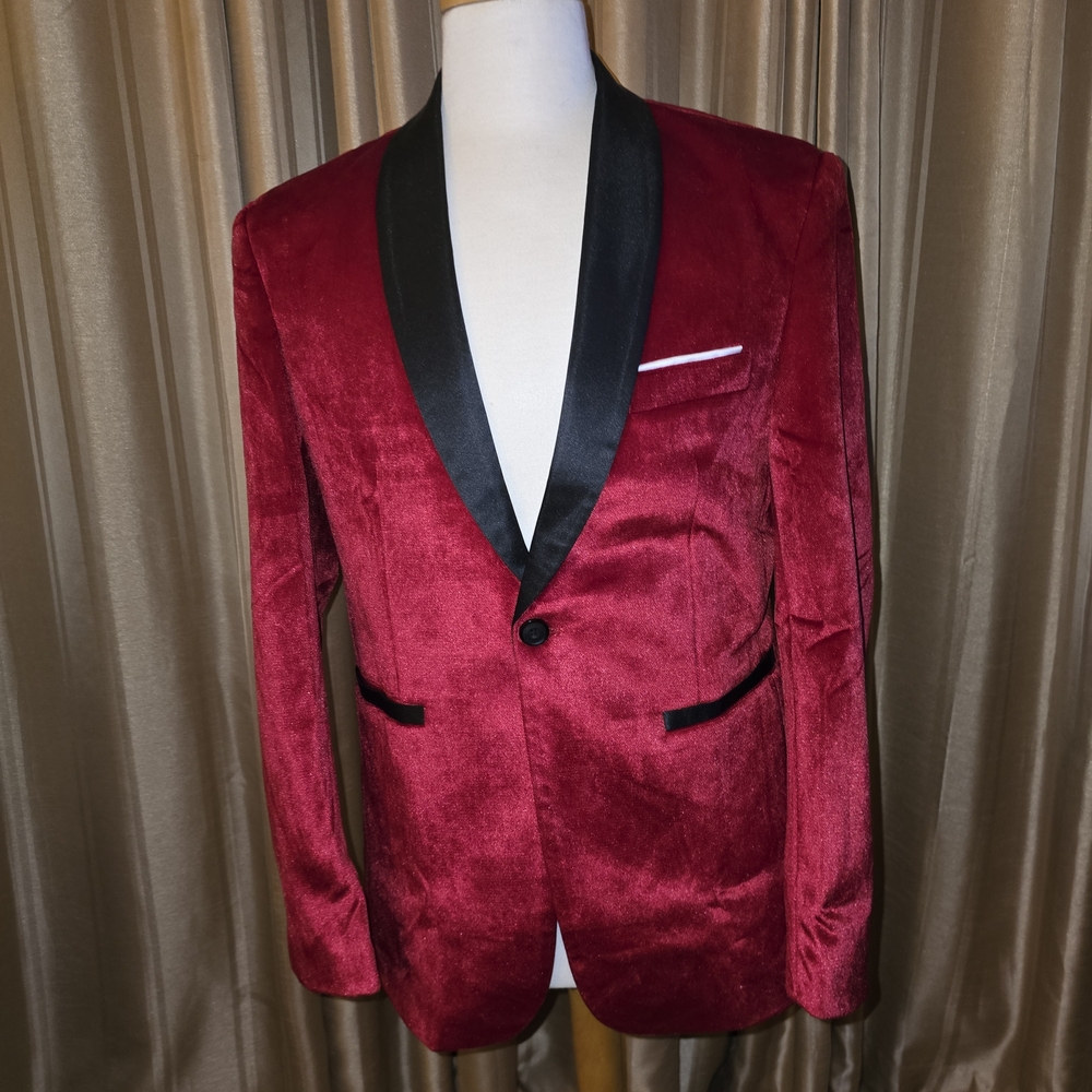 Mage Male Men's Red Velvet Shawl Collar Tuxedo Blazer with Black Trim Size M